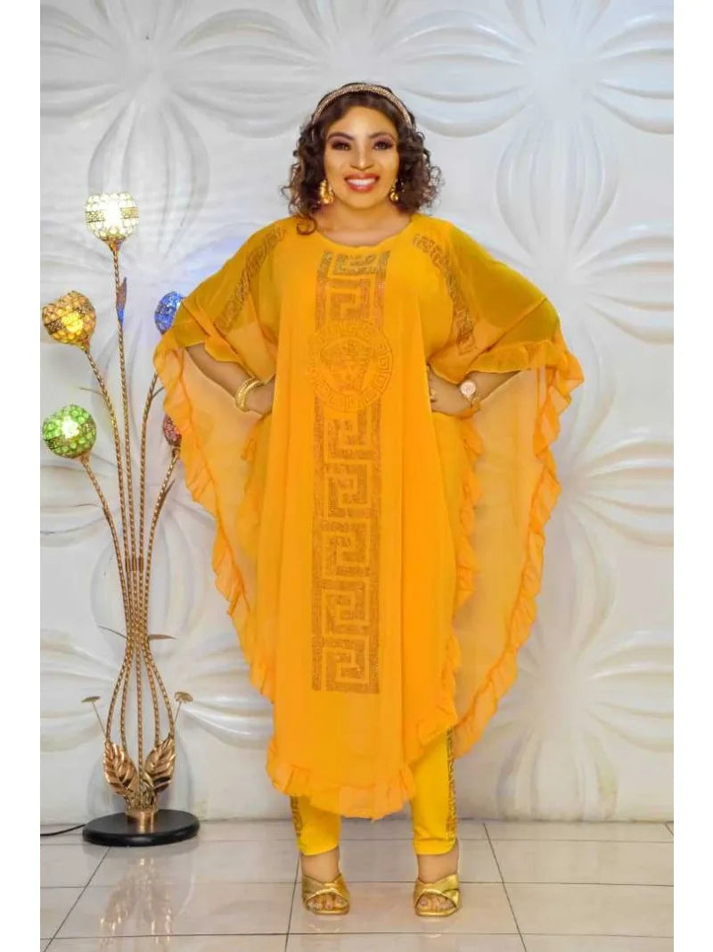 African Plus Size Chiffon Medium-Length Three-Piece Suit Ultra-Fine Fiber Five-Sleeve Fly Sleeve Chiffon Skirt Set