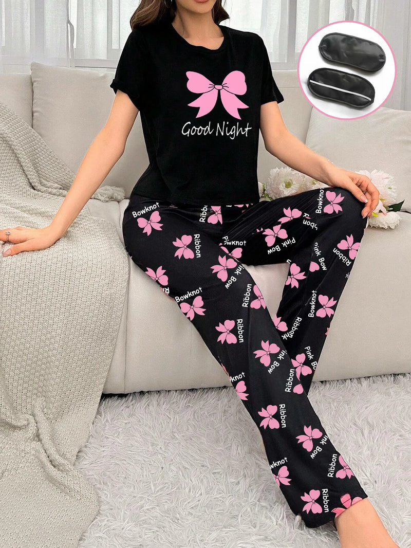 Women's new style bow print short-sleeved trousers two-piece casual comfort home wear eye mask pajamas set