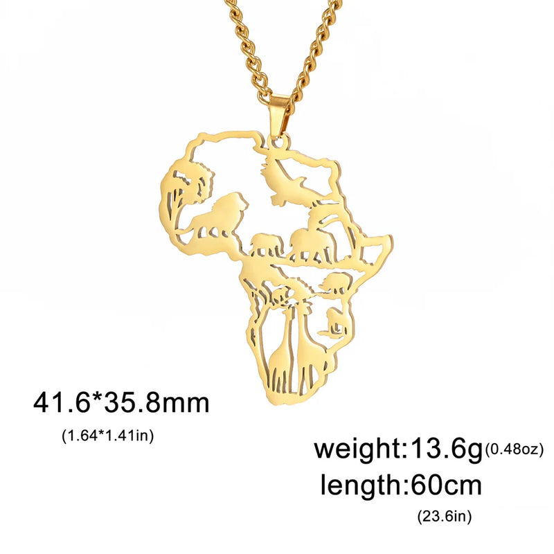 My Shape Africa Map Lion Elephant Monkey Giraffe Pendant Necklaces Men Women Stainless Steel Animal Chain Choker African Jewelry