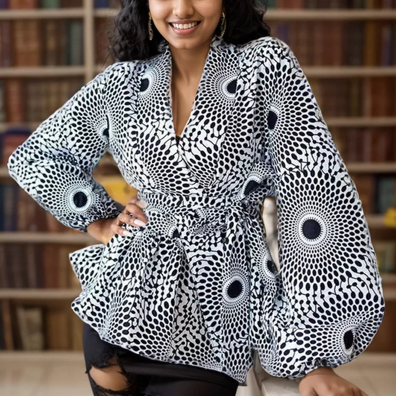 Roupas africanas para as mulheres 2024 verão africano com decote em v poliéster impressão manga longa camiseta feminina topo roupas africanas