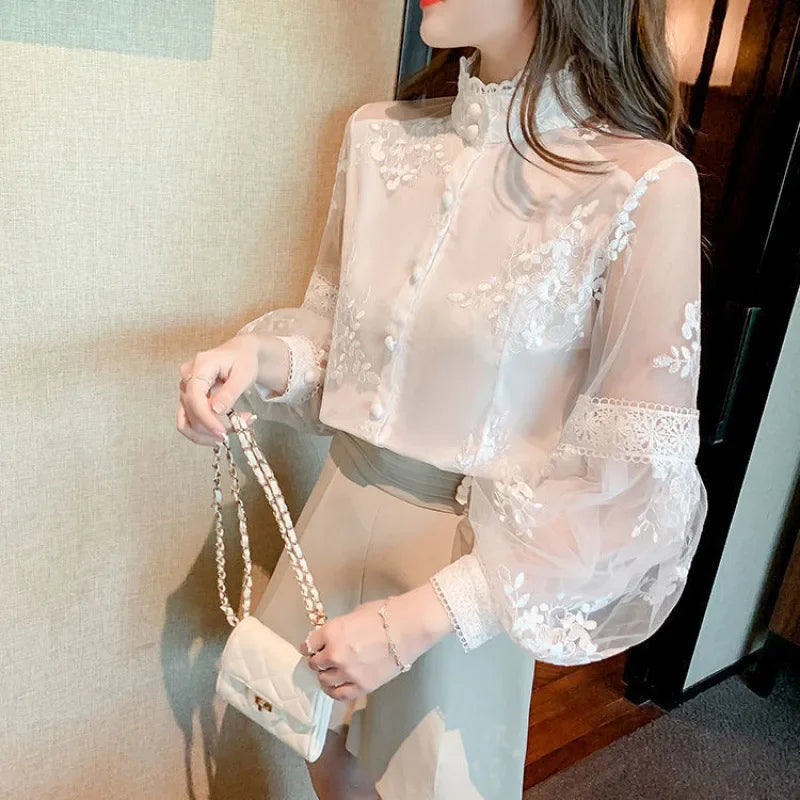 Elegant Embroidered Lace Panel Lantern Sleeve Chiffon Shirt Women's Autumn Hot Sale Of The Season Style Courtly Fashion Stand Co