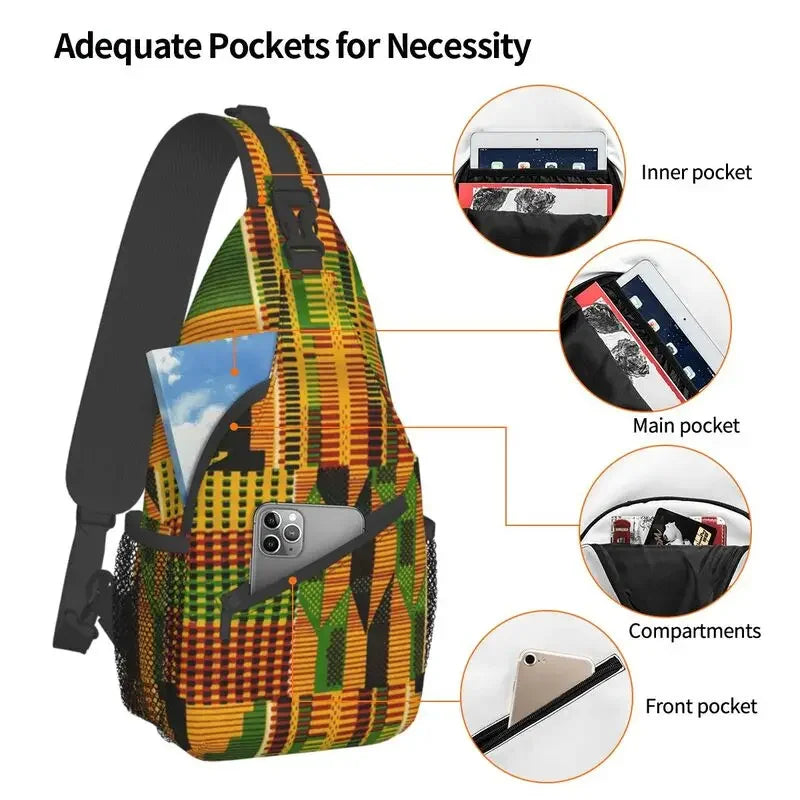 African Kente Cloth Design Sling Bag for Traveling Traditional Africa Ethnic Pattern Chest Crossbody Backpack Shoulder Daypack