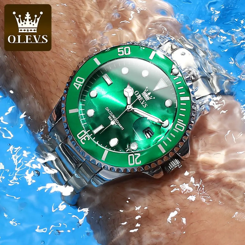 OLEVS-Relógio quartzo de aço inoxidável impermeável masculino, relógio de pulso verde luminoso, Top original, luxo