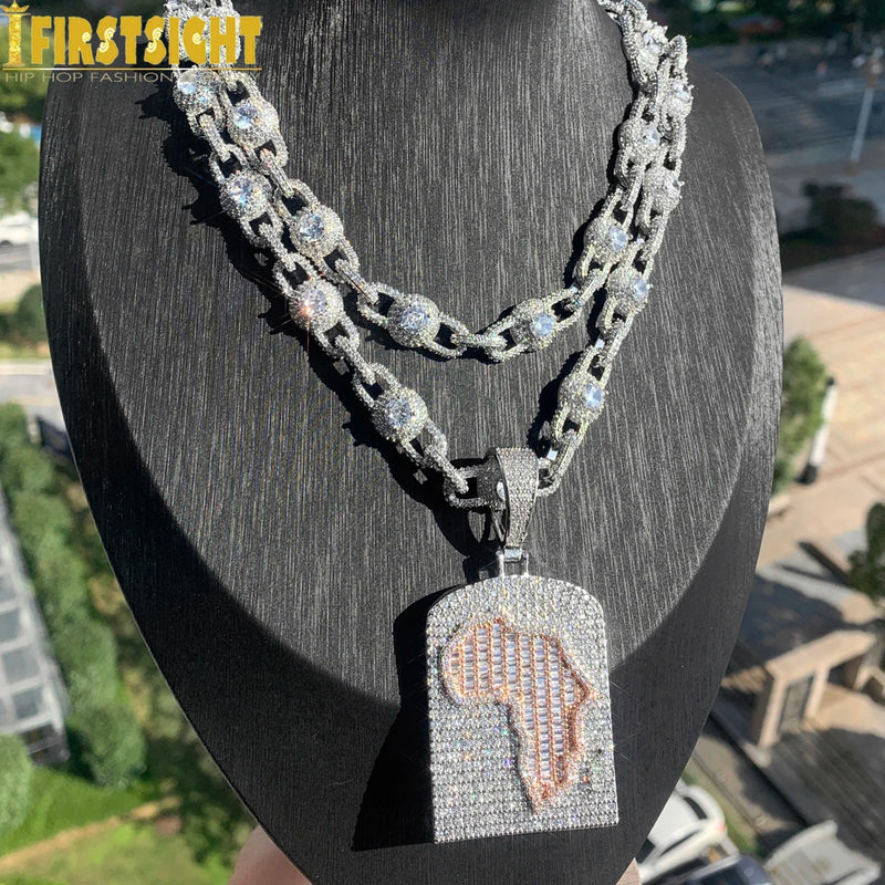 Iced Out Bling Africa Map Pendant Necklace Cubic Zirconia Silver Color Eye Cuban Chain Charm Men Fashion Hip Hop Jewelry