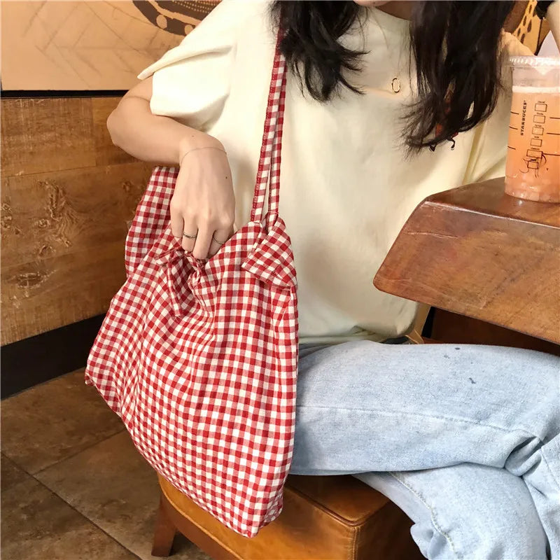 Canvas Bag Woman Casual Plaid Women Shopping Bag Large Capacity Cute Tote Handbags Cloth Double-sided Girls Frenum Shoulder Bags