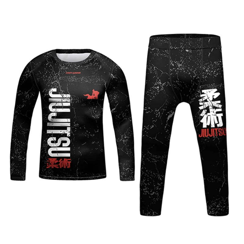 Nova criança jiu jitsu mma rashguard camiseta + calça + shorts 3d bjj gi kickboxing camisas apertadas meninos crianças muay thai boxe roupas esportivas