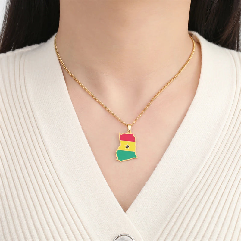 EUEAVAN Enamel Africa Ghana Map Flag Pendant Necklace Men Women Stainless Steel Gold Silver Color African Ghanaian Jewelry Gifts