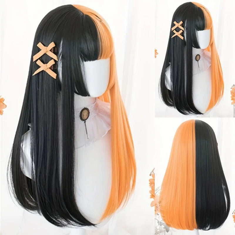 OLACARE  Synthetic Long Straight Lolita Wig with Bang Black Red Two-Tone Cosplay Party Halloween Christmas Wavy Curly Wig