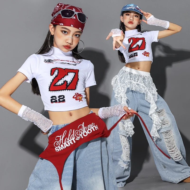 Children Jazz Dance Clothing Girls Kpop Outfit White Crop Top Denim Baggy Pants Fashion Hip Hop Costume Street Dance Wear 2485