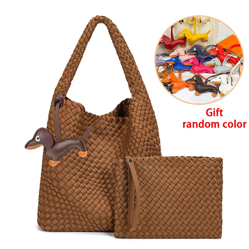 High Quality Handmade Woven Bags Ladies Neoprene Top-handle Shoulder Bag Travel Shopper Hobo Tote Bag with Purses for Women