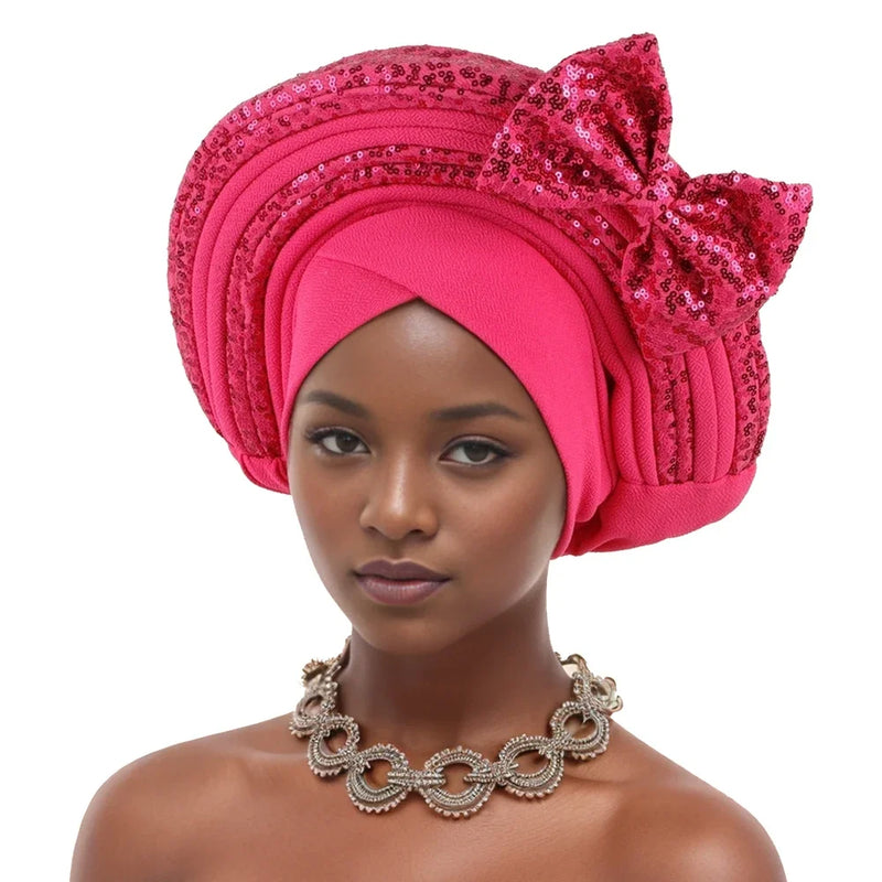 Lantejoulas Bowknot Headtie Africano, Nigeriano Auto Gele Envoltórios Cabeça das Mulheres, Já Feito Boné de Turbante, Casamento Geles Festa Capacete