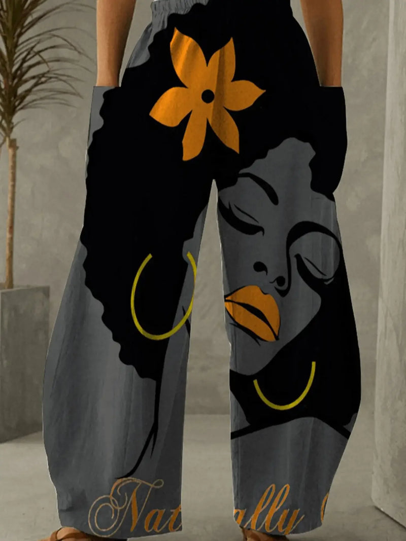 Plus size 1xl-5xl moda feminina floral impresso plissado perna larga calças de cintura alta feminino casual bolso solto calças compridas