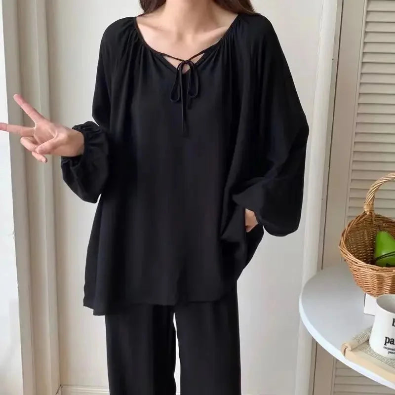 Spring Autumn Cotton Silk Sleepwear Women Loose Thin Home Clothes Set Large Size V-neck Comfortable Breathable Home Fashion