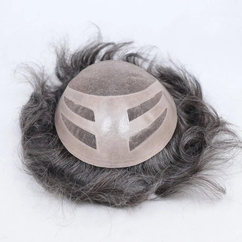 CC Shape Base Human Hair Toupee For Men Wig Mix Grey Brown Color PU Mono Lace Hair System Natural Wave Straight Replacement