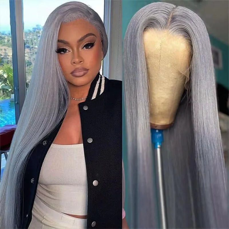 13x6 Straight Grey Lace Front Wig Human Hair Pre Plucked Remy Brazilian Silver Gray Lace Frontal Wig Body Wave Human Hair Wigs