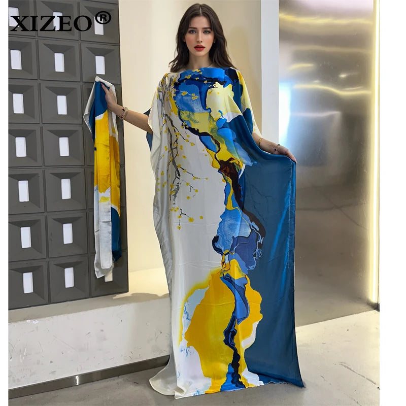 XIZEO vestidos africanos muçulmanos para mulheres dubai abaya gola redonda vestido kaftan com estampa de bolinhas, vestido maxi elegante, vestido maxi