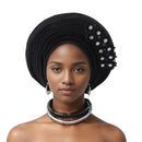 Vermelho Multi-Layered chapéu de turbante, Africano Fan Shaped cabeça Wraps, Headwear plissado com Cristal, Nigéria Headtie, Auto Gele, Casamento