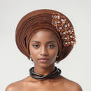 Vermelho Multi-Layered chapéu de turbante, Africano Fan Shaped cabeça Wraps, Headwear plissado com Cristal, Nigéria Headtie, Auto Gele, Casamento