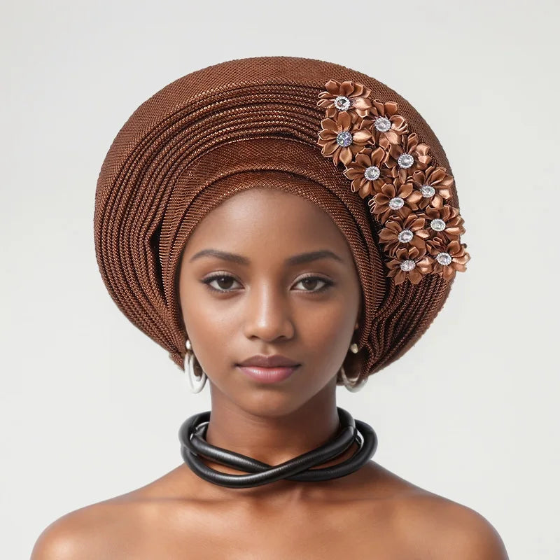Vermelho Multi-Layered chapéu de turbante, Africano Fan Shaped cabeça Wraps, Headwear plissado com Cristal, Nigéria Headtie, Auto Gele, Casamento