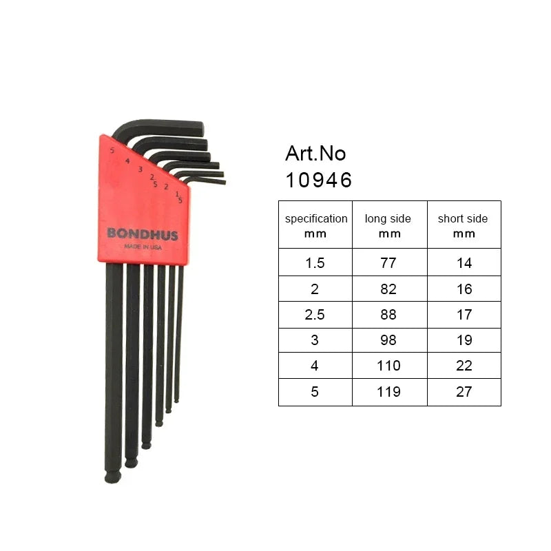 Conjunto de chave allen métrica BONDHUS, chave esférica em L, conjunto de chave sextavada estendida, ferramenta de reparo 10946/10992/10995/10999
