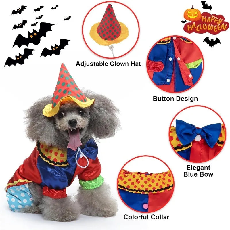 Pet Dog Clown Costume with Hat Halloween Cosplay Party Cat Clown Costume Funny Pet Circus Outfit Christmas Durable Dog Apparel