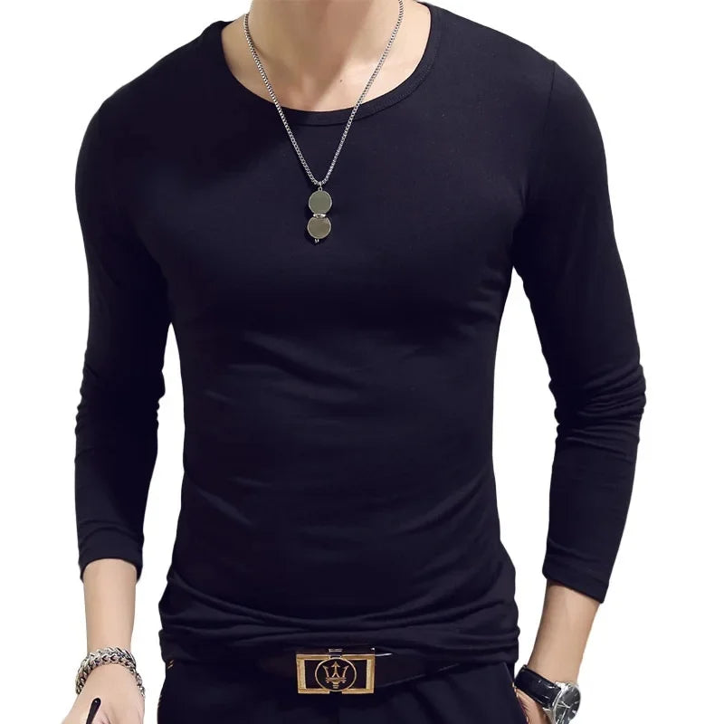2023 Men's Long Sleeve T-shirts Loose-Fit Solid Color V-Neck Base Layer Top Thin Style Autumn Clothing