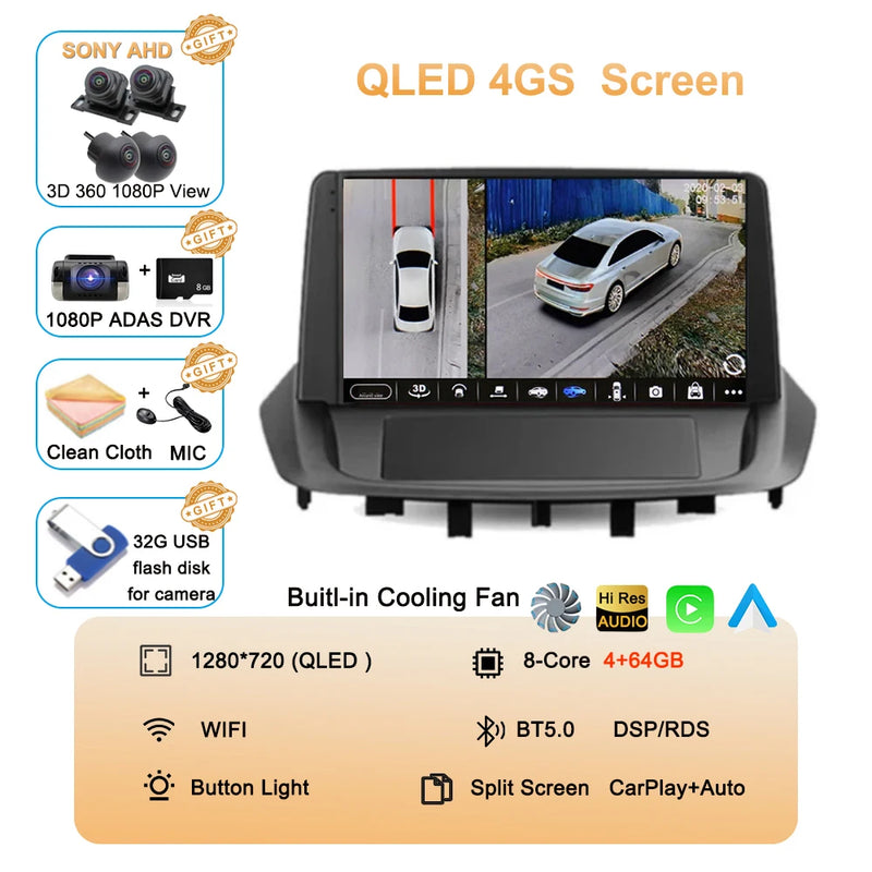 Android 14 For Renault Fluence 1 2009 - 2017 Multimedia Monitor Carplay Auto WIFI Navigation Player Video Stereo GPS Radio QLED