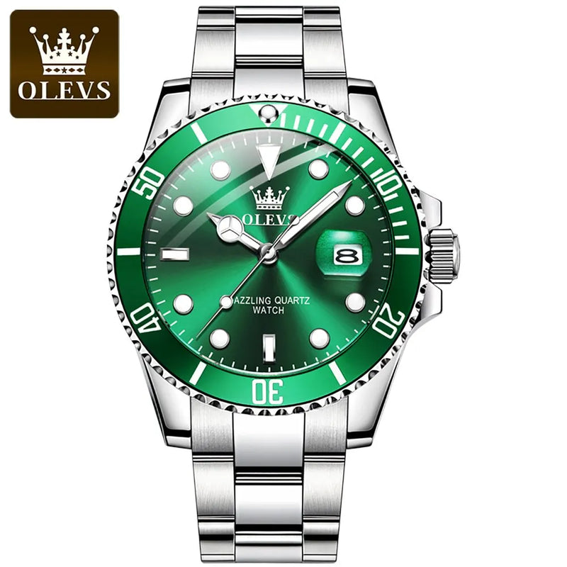 OLEVS-Relógio quartzo de aço inoxidável impermeável masculino, relógio de pulso verde luminoso, Top original, luxo
