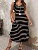 Vestido maxi regata listrado de verão 2025 para mulheres, decote em U, solto, ajuste, plus size feminino mais vendido