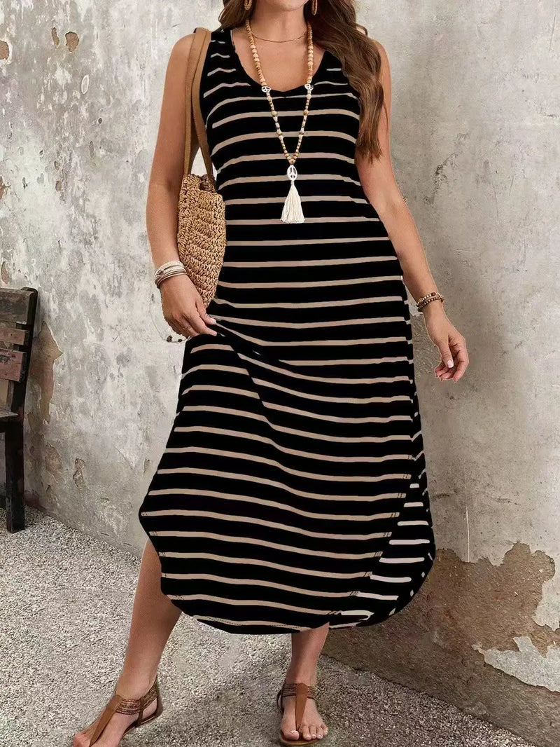 Vestido maxi regata listrado de verão 2025 para mulheres, decote em U, solto, ajuste, plus size feminino mais vendido