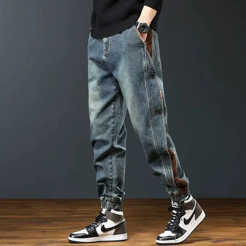 American Sle Spliced Work Pants Men's Loose Casual Cargo Jeans Long Trousers Spring Summer Autumn New Heavyweight Model