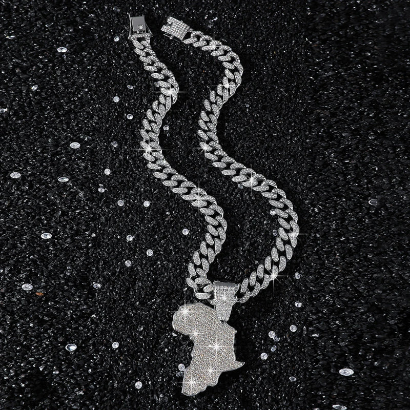 Men Women Hip Hop Africa Map Pendant With 13mm Rhinestones Miami Cuban Chain HipHop Iced Out Bling Necklaces Fashion Jewelry