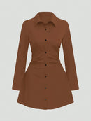 Plus size casual cintura fina manga longa camisa vestido cor pura elegante estilo viajante 2025 outono novo