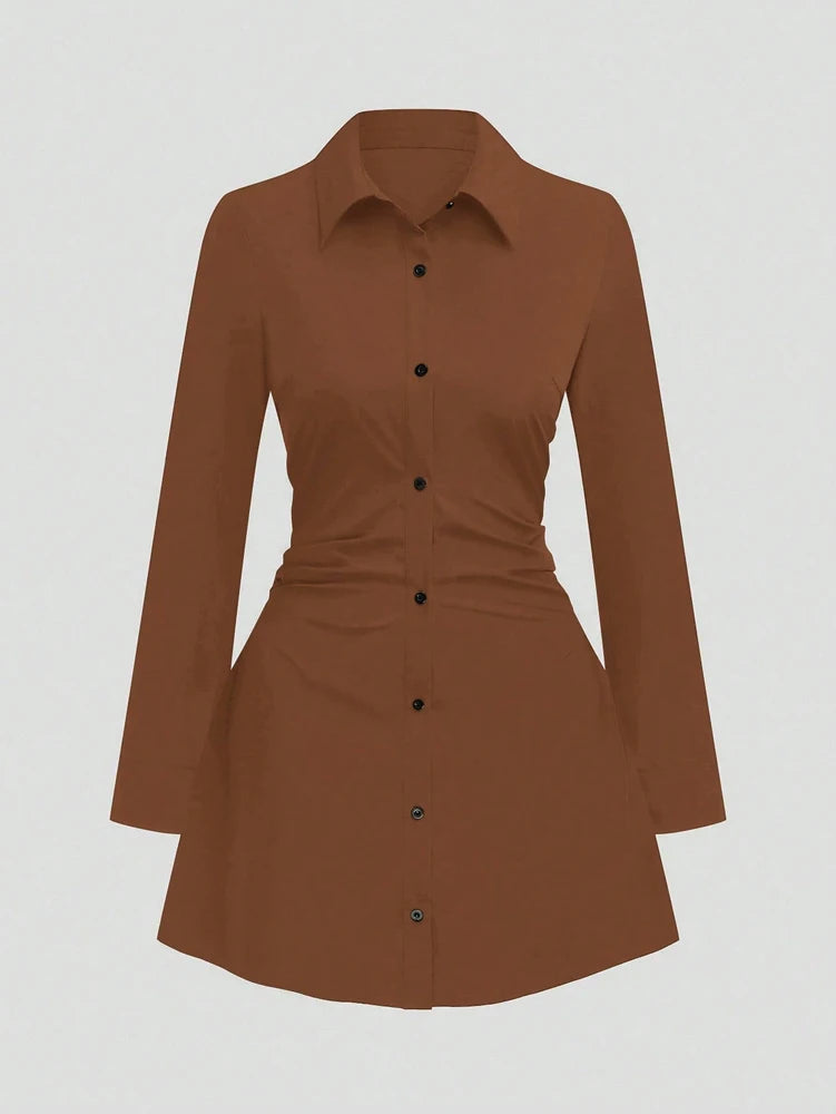 Plus size casual cintura fina manga longa camisa vestido cor pura elegante estilo viajante 2025 outono novo