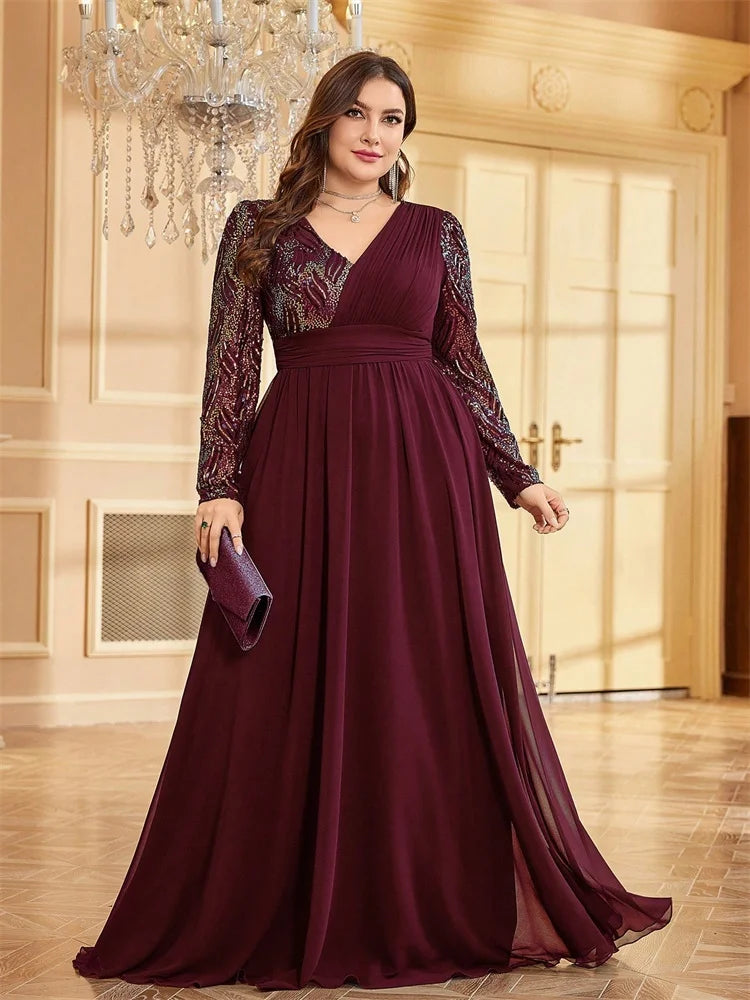 Lucyinlove Plus Size Luxury Chiffon Splicing Long Sleeve Evening Dresses Women Sequins Wedding Party Cocktail Floor Lenght Gowns