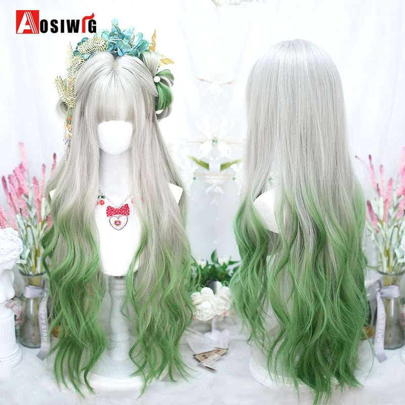 33Inch Synthetic Big wave long curly hair Milk Tea Green Lolita Wigs For Women Cosplay Wig With Bangs Halloween Daily Cosplay Us