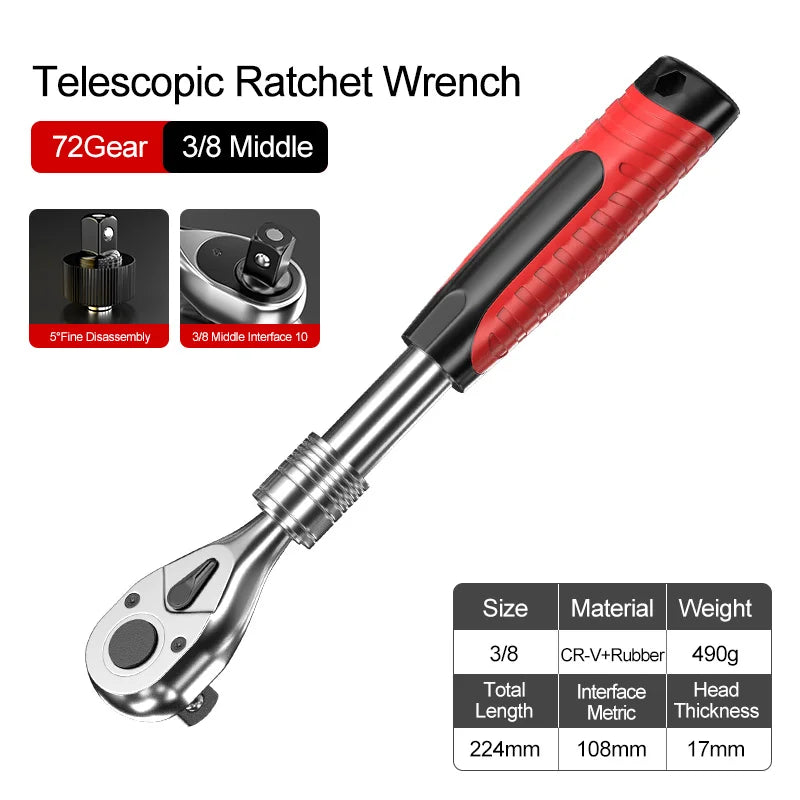 72 dentes 1/4 "1/2" chave de soquete telescópica catraca CR-V liberação rápida profissional ferramentas manuais reparo automóvel