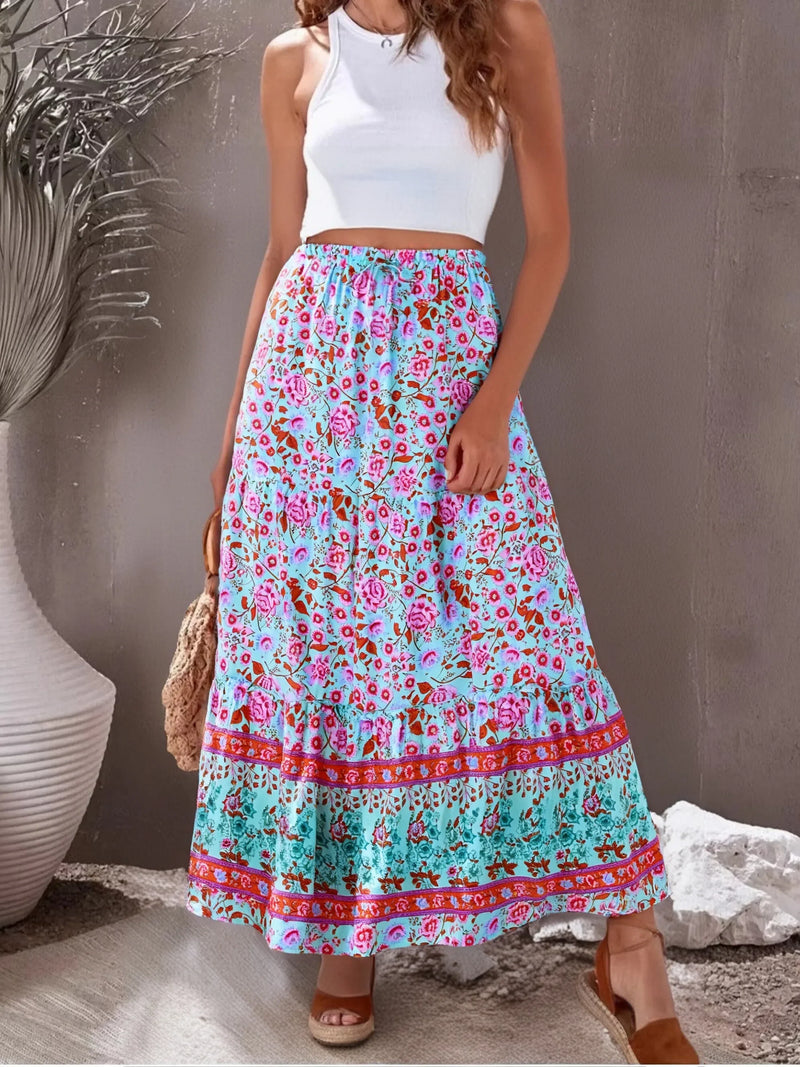 Boho Queens Women Wild Floral Print Beach Bohemian Skirt with Pockets High Waist Rayon Maxi  A-Line Ruffles Boho Skirts Femme