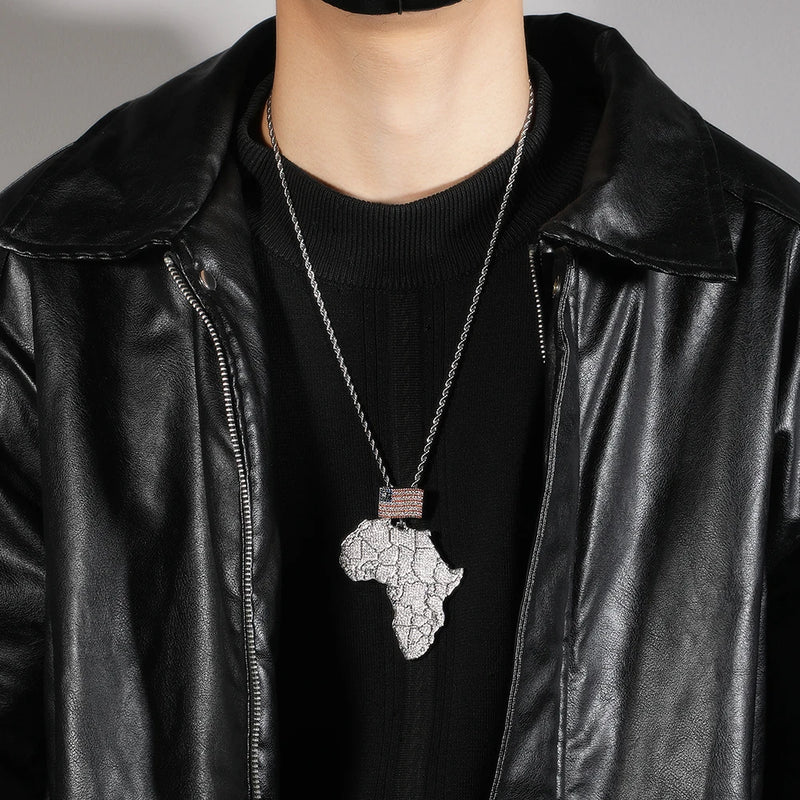 THE BLING KING Large Africa Map Shaped Pendant Necklace With America Flag Bail Full Iced Out Cubic Zirconia Rock Hip Hop Jewelry