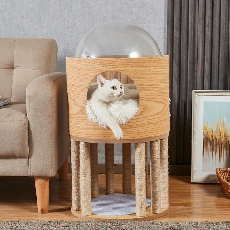 Cat Transparent Space Capsule Cat Nest Climbing Solid Cabin Capsule Wooden Delivery Room Four Seasons Universal Pet Supplies