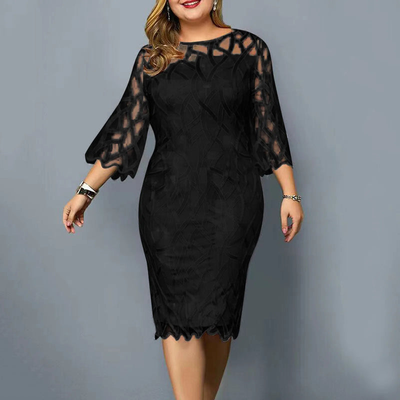 Plus Size Summer Dresses for Women Lace Mesh Spliced Elegant Party Midi Dress Loose 3/4 Sleeve Women's Evening Dress 5XL 6XL