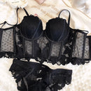 2 peças sexy rendas flores bordado conjunto de roupa interior feminino corpo shaper topos push up sutiã conjunto preto malha ponto lingerie respirável