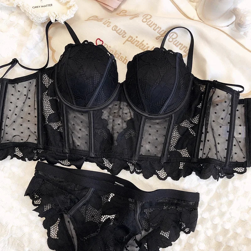 2 peças sexy rendas flores bordado conjunto de roupa interior feminino corpo shaper topos push up sutiã conjunto preto malha ponto lingerie respirável