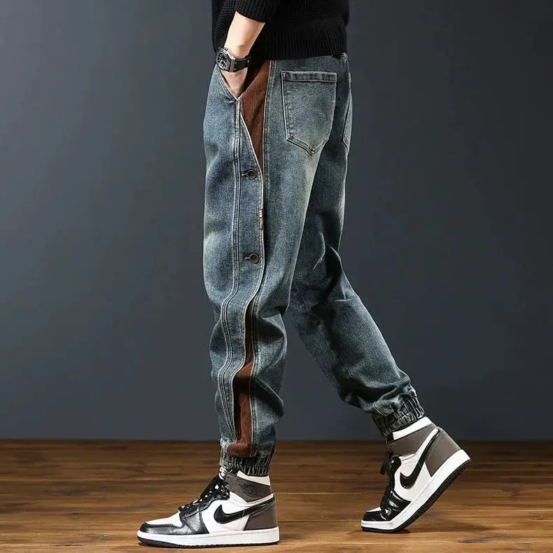American Sle Spliced Work Pants Men's Loose Casual Cargo Jeans Long Trousers Spring Summer Autumn New Heavyweight Model