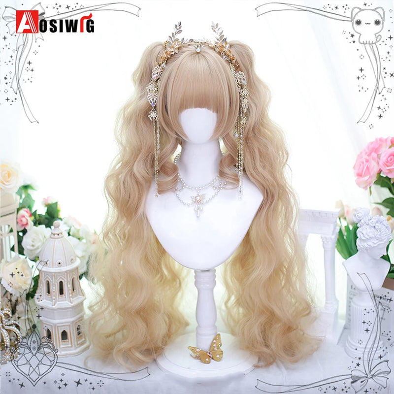 33Inch Synthetic Big wave long curly hair Milk Tea Green Lolita Wigs For Women Cosplay Wig With Bangs Halloween Daily Cosplay Us