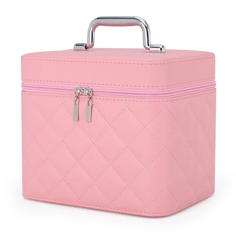 Large Capacity Quilted Makeup Bag Travel Cosmetic Organizer PU Portable Toiletry Storage Handheld Bag