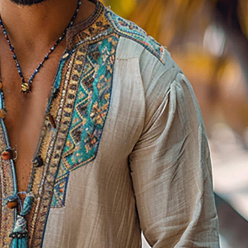 Ethnic Mens Linen Shirt Autumn Long Sleeve Male Clothing Fashion Streetwear V-Neck Print Men Blouse Tops Plus Size Causal Shirt