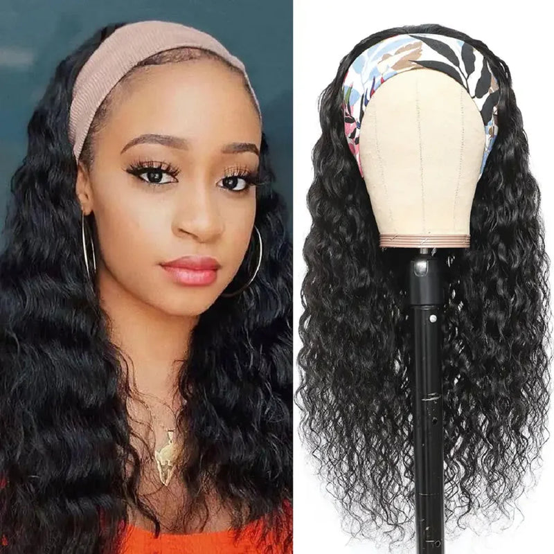 Curly Headband Wigs For Women Water Wave None Lace Front Wigs Human Hair Full Machine Made 180 Density Remy Hair Easy To Wear