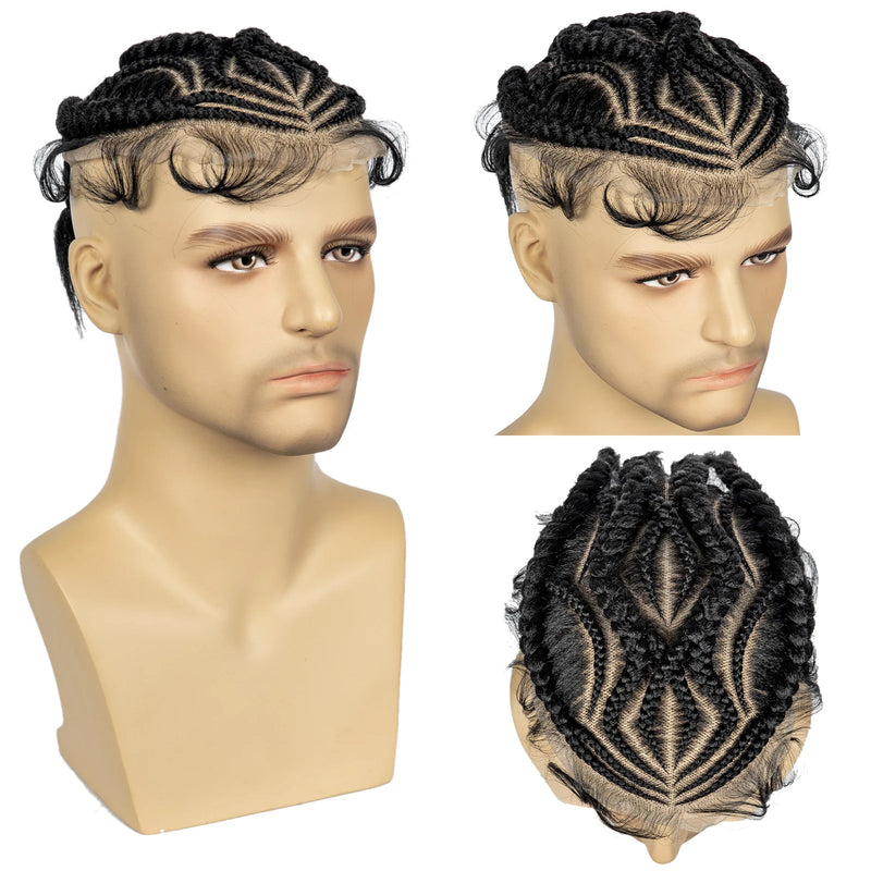 Men's Toupee Hair HD Full Lace Male Hairpieces with Cornrow Braids White Hair Reaplcement Synthetic Short Hair Topper for Men