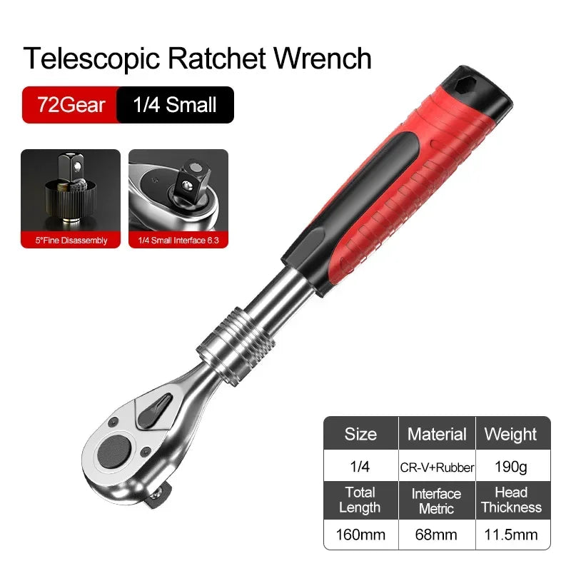 72 dentes 1/4 "1/2" chave de soquete telescópica catraca CR-V liberação rápida profissional ferramentas manuais reparo automóvel